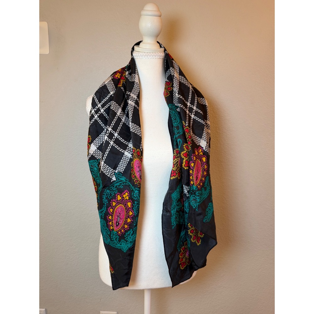 Diane von Furstenberg Vintage Silk Scarf Paisley Grid Black Teal Magenta 41x22